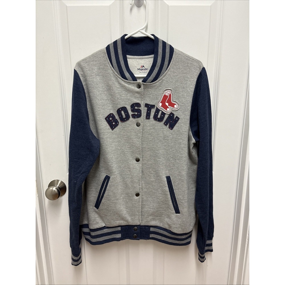 Majestic Boston Red Sox Varsity Jacket Gray Navy Snap Front MLB Women's‎ - XL
